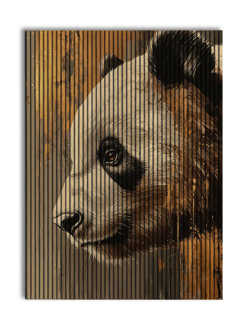 Akustikpanel med en panda i gyldne og orange farver