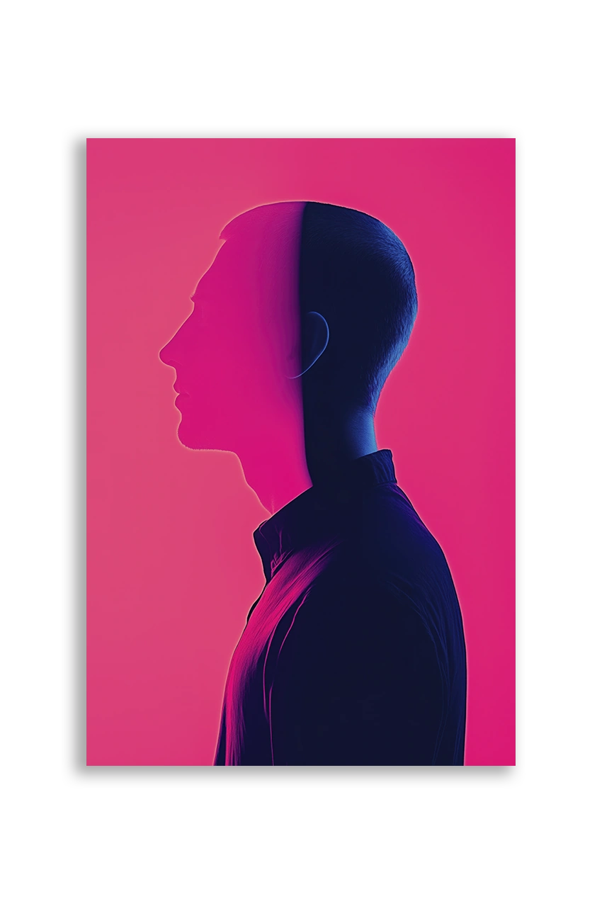 Akustikbillede med en dobbeltprofil i mørkeblåt på pink