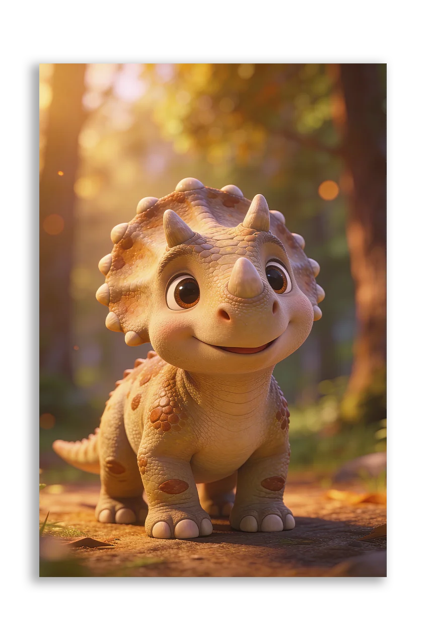 Akustikbillede med en tegnet triceratops-unge i varmt aftenlys