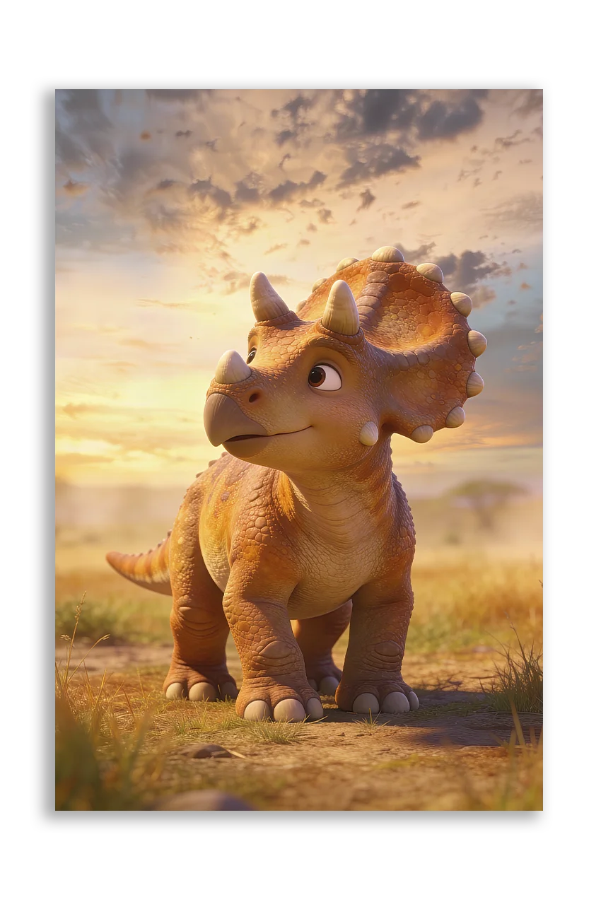 Akustikbillede med en tegnet triceratops-unge i brunt i et gyldent landskab
