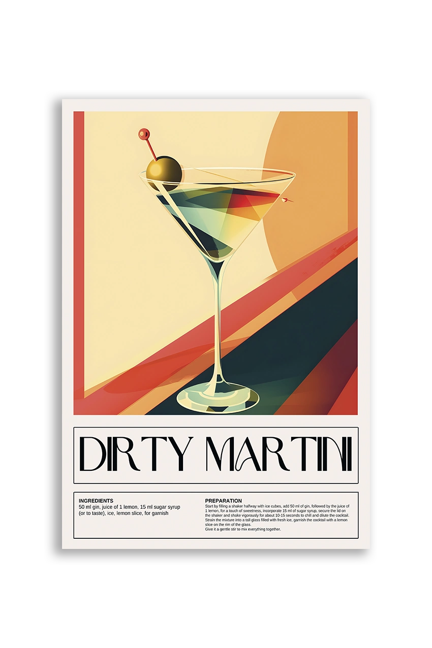 Akustikbillede med en retro cocktailplakat med Dirty Martini