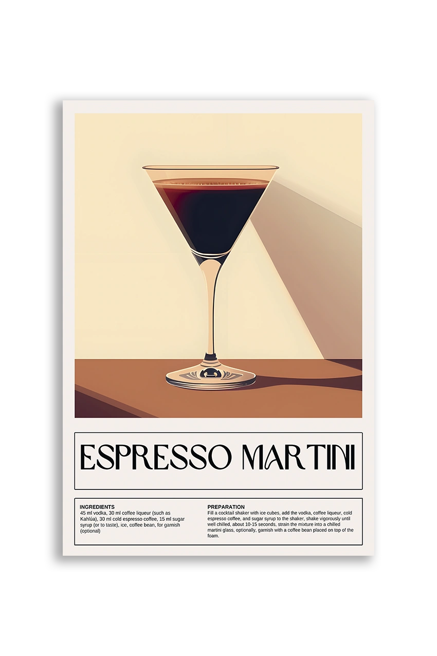 Akustikbillede med en retro cocktailplakat med Espresso Martini