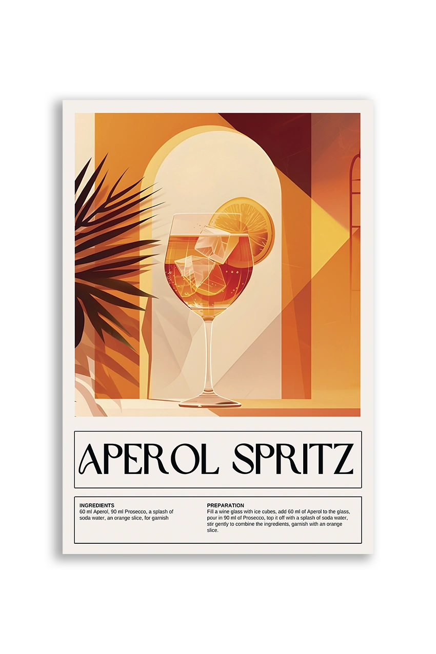 Akustikbillede med en retro cocktailplakat med Aperol Spritz