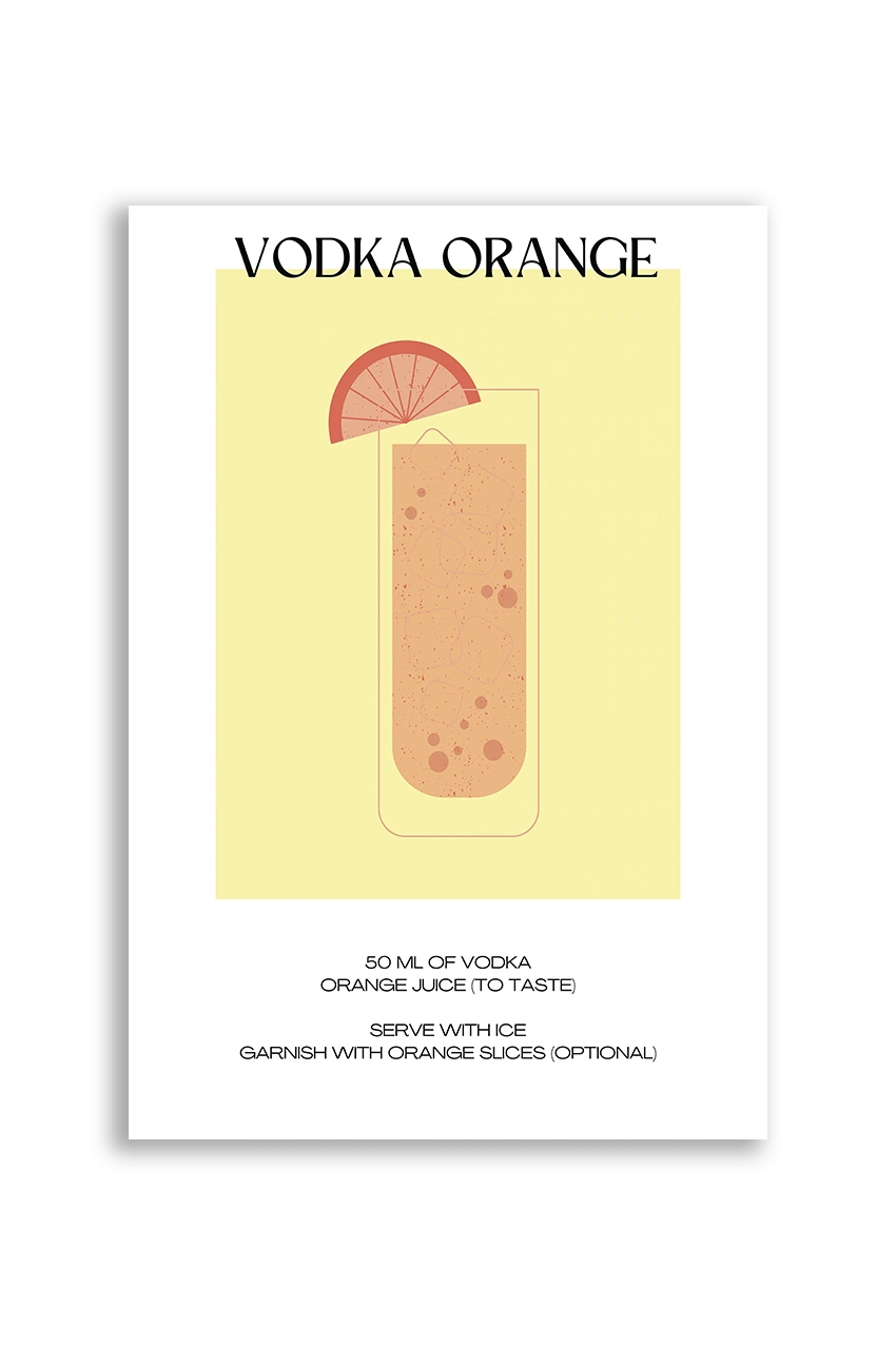 Akustikbillede med en minimalistisk cocktailplakat med Vodka Orange