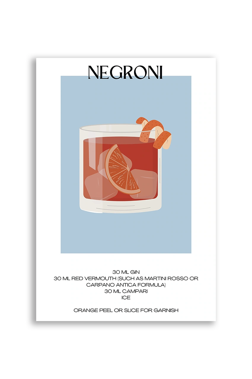 Akustikbillede med en minimalistisk cocktailplakat med Negroni