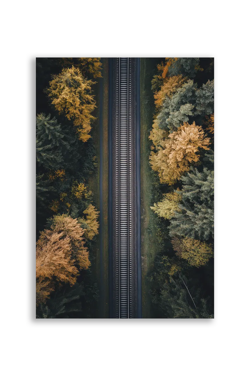 Akustikbillede med dronefoto af en jernbane gennem efterårsskov i orange og grønt