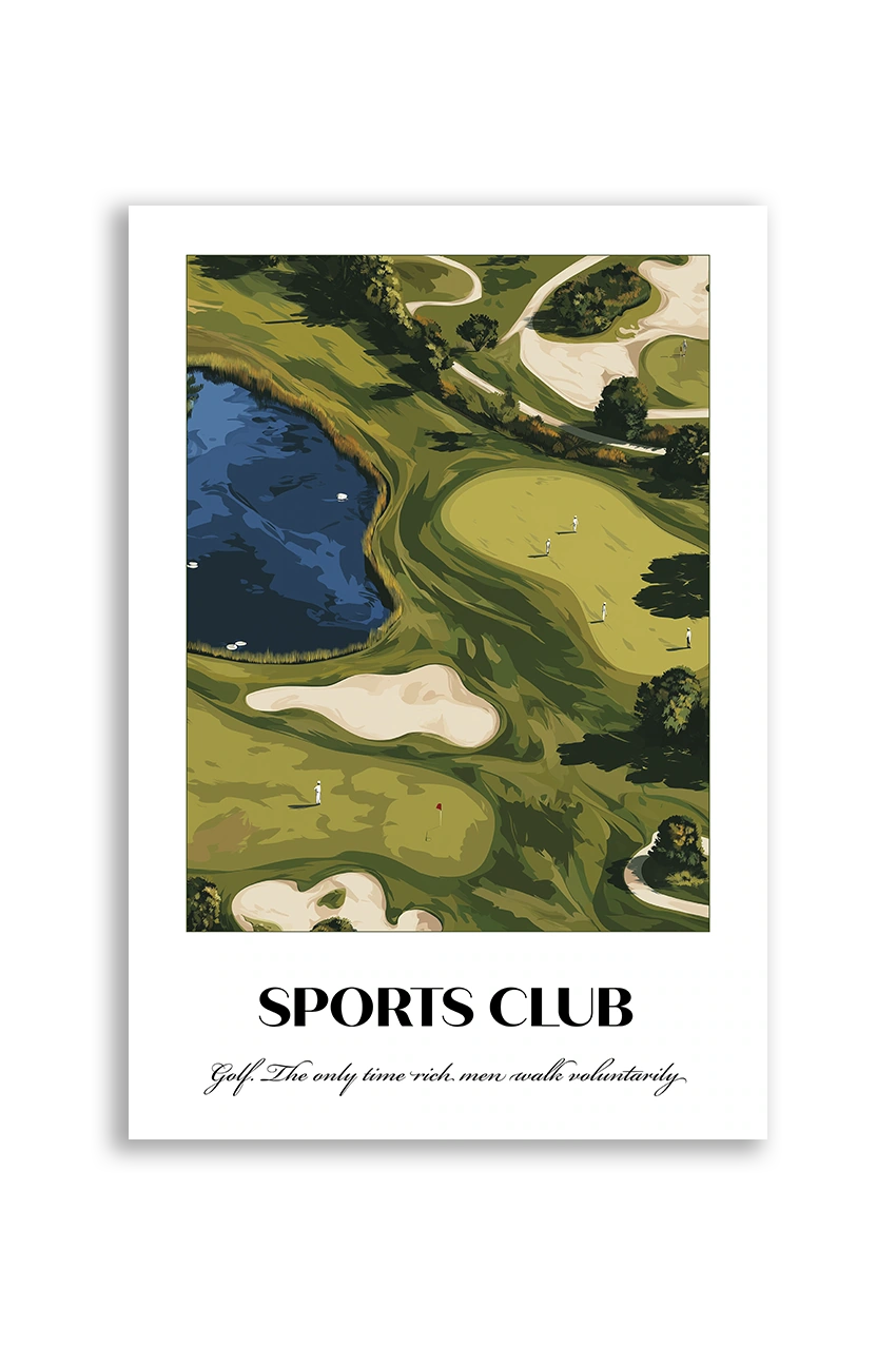 Akustikbillede med en sportsplakat med en golfbane set fra oven i grønt