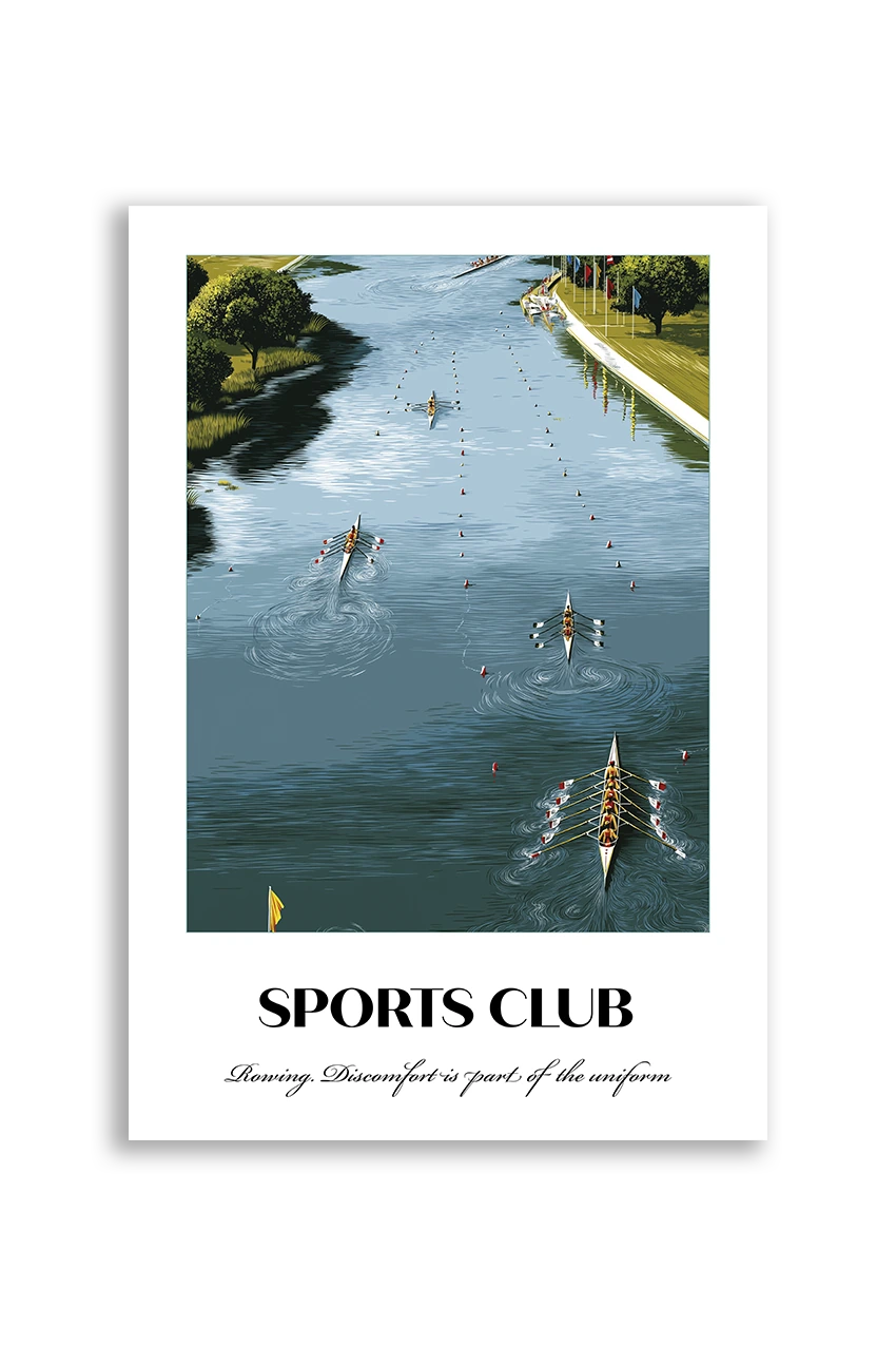 Akustikbillede med en sportsplakat med en polokamp på grøn bane