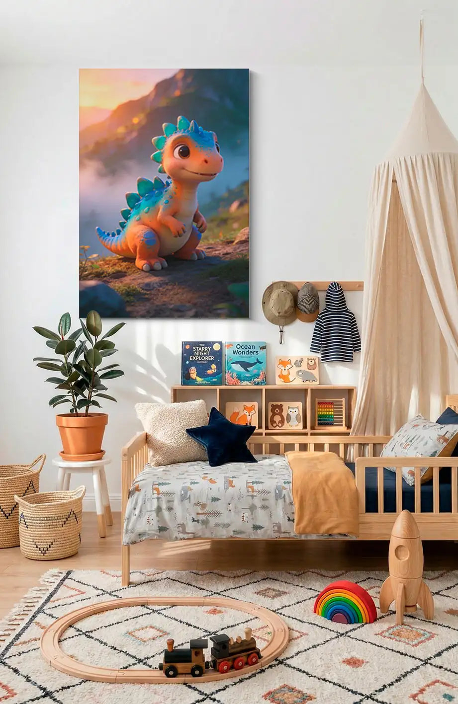 Akustikbillede med en tegnet kentrosaurus-unge i orange ved vandet, ophængt over sengen i et børneværelse med sengehimmel