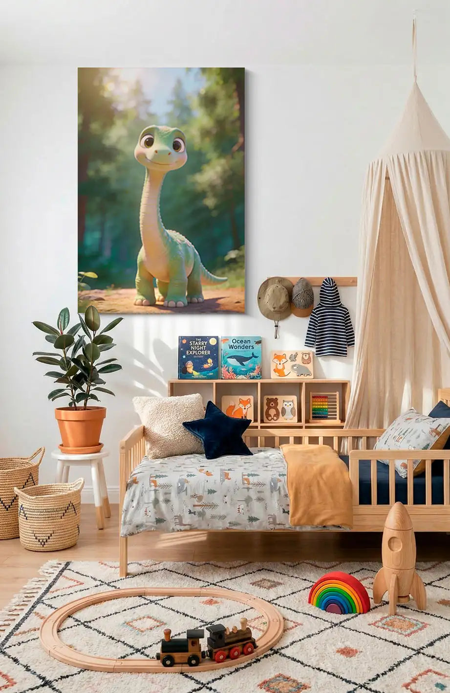 Akustikbillede med en tegnet brachiosaurus-unge i beige i en solbeskinnet skov, ophængt over sengen i et børneværelse med sengehimmel