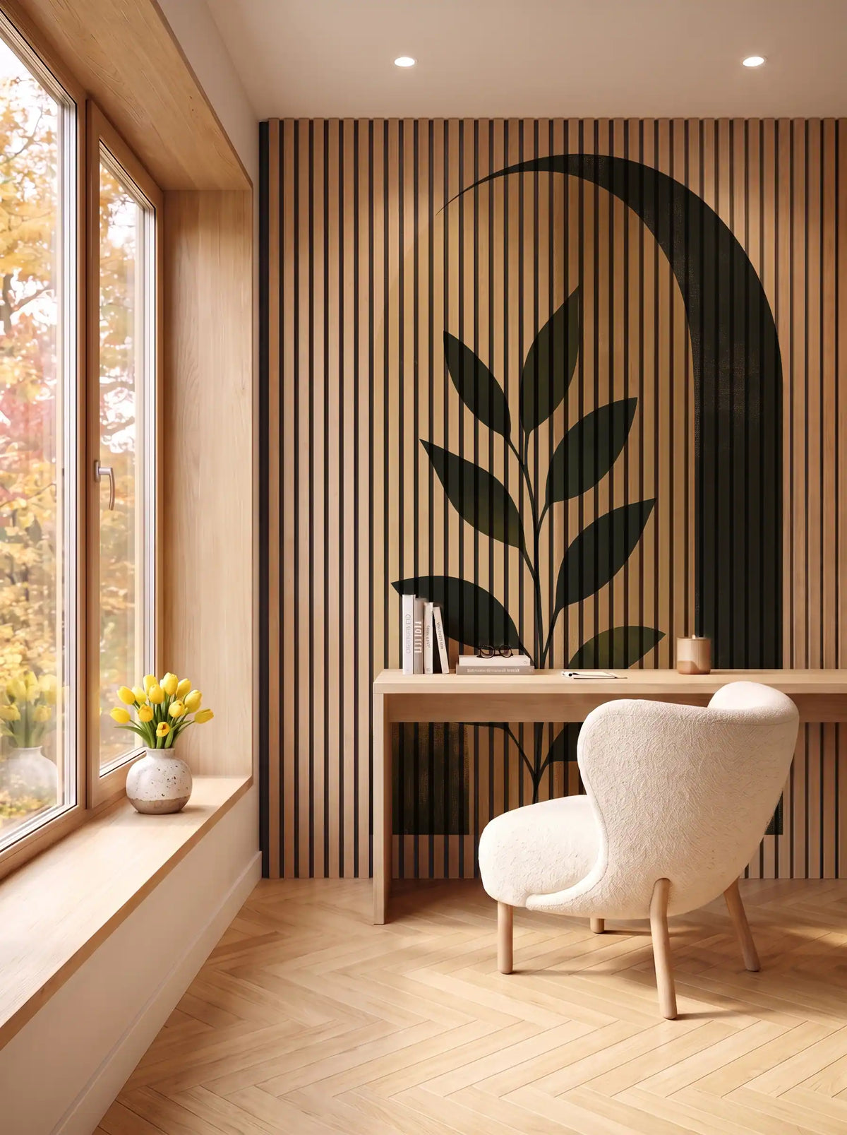 Akustikpanel med Abstract Nature-motiv nr. 6 – i spisestuen