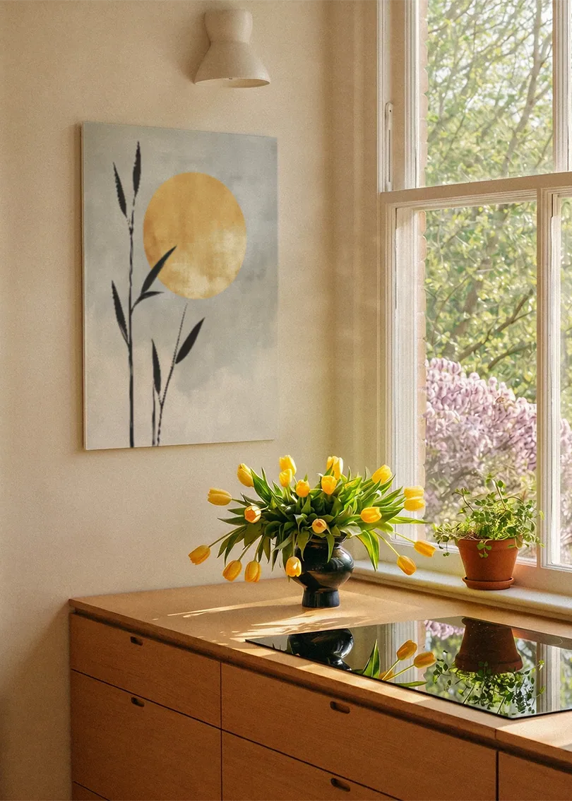 Akustikbillede med en gylden cirkel bag tynde grene på blå baggrund, ved et vindue med en blomsterbuket i karmen