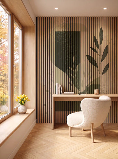 Akustikpanel med Abstract Nature-motiv nr. 17 – i spisestuen