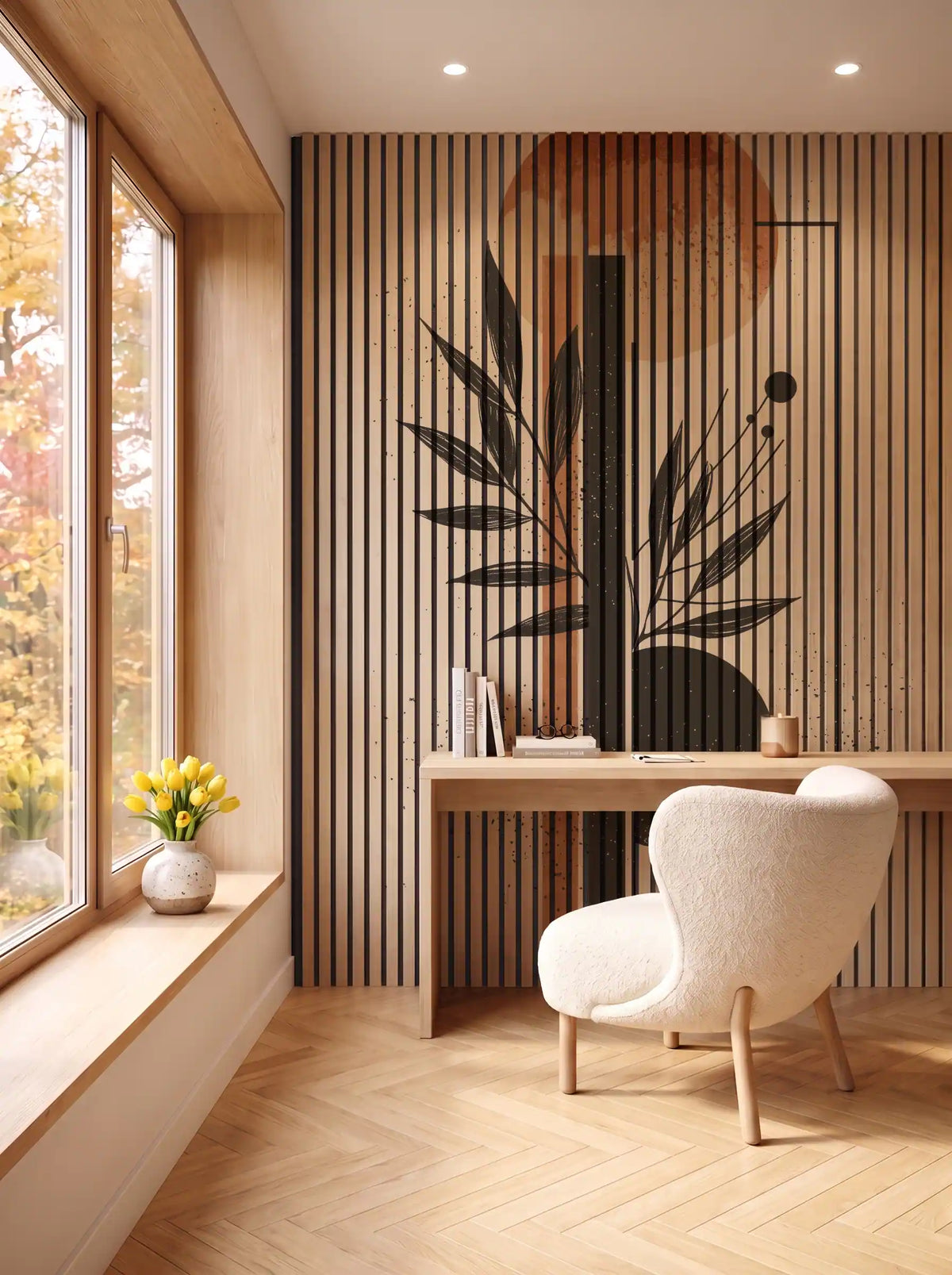 Akustikpanel med Abstract Nature-motiv nr. 23 – i spisestuen