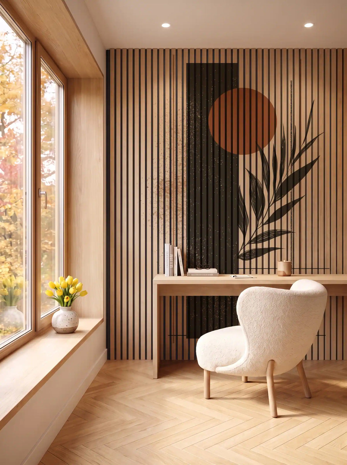 Akustikpanel med Abstract Nature-motiv nr. 24 – i spisestuen