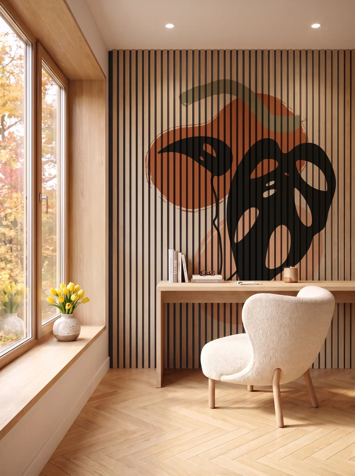Akustikpanel med Abstract Nature-motiv nr. 34 – i spisestuen