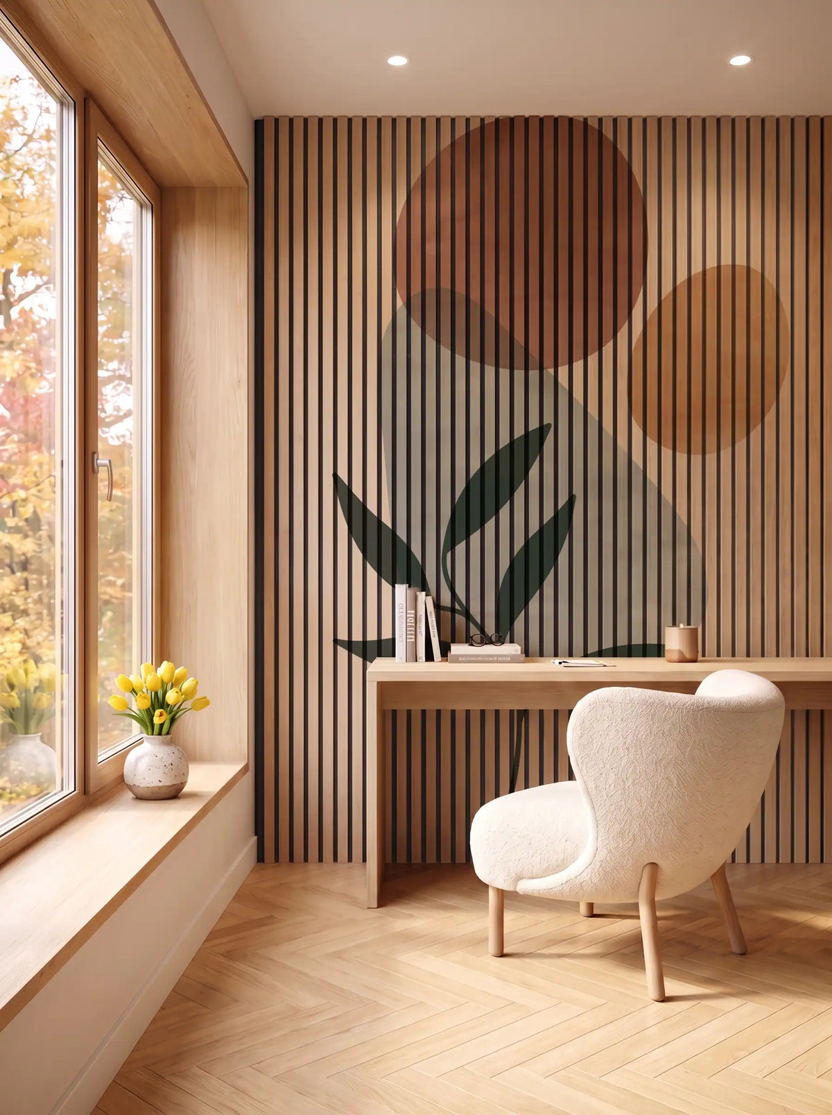 Akustikpanel med Abstract Nature-motiv nr. 35 – i spisestuen