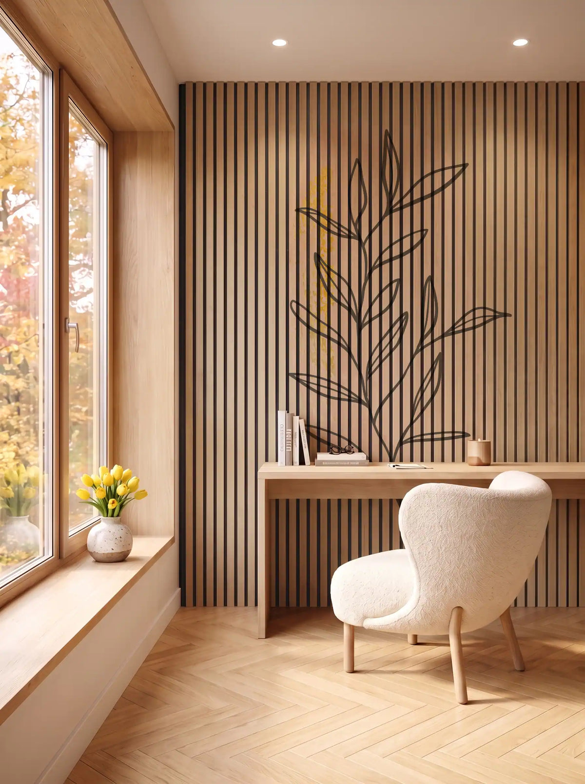 Akustikpanel med Abstract Nature-motiv nr. 42 – i spisestuen