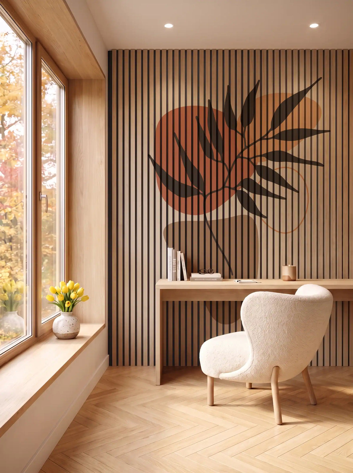 Akustikpanel med Abstract Nature-motiv nr. 47 – i spisestuen