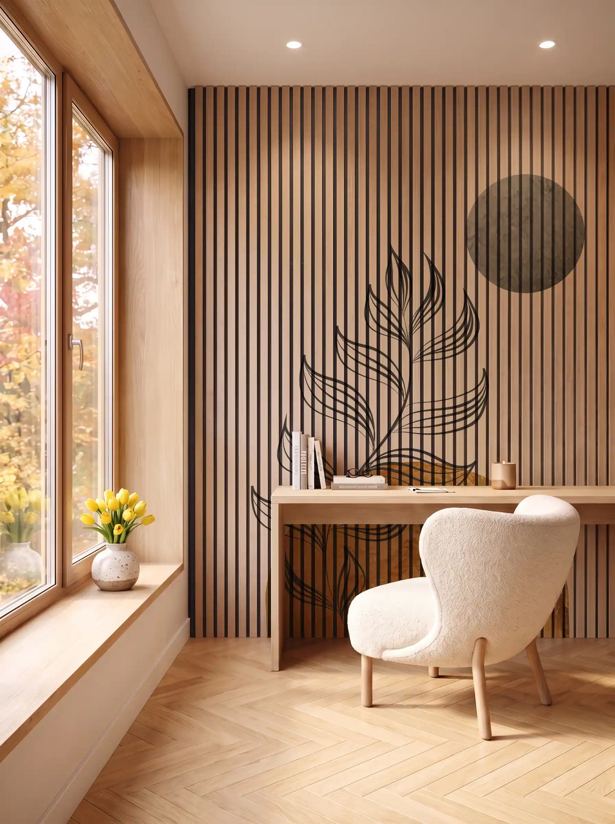 Akustikpanel med Abstract Nature-motiv nr. 48 – i spisestuen