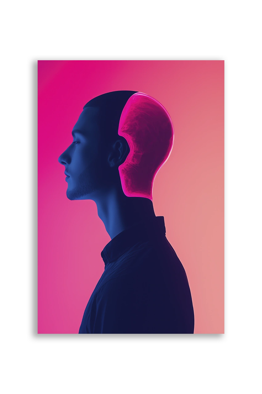 Akustikbillede med en dobbeltprofil i lilla på pink baggrund