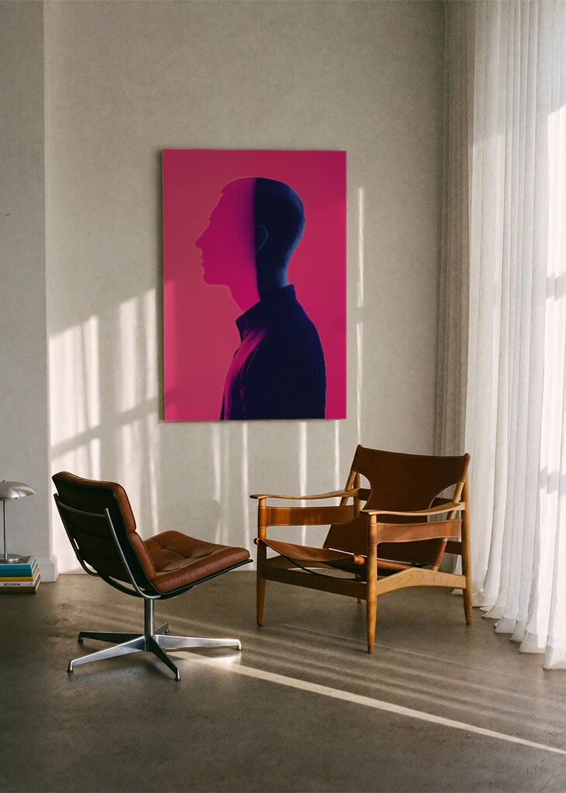 Akustikbillede med en dobbeltprofil i mørkeblåt på pink, ophængt over en brun lænestol ved vinduet
