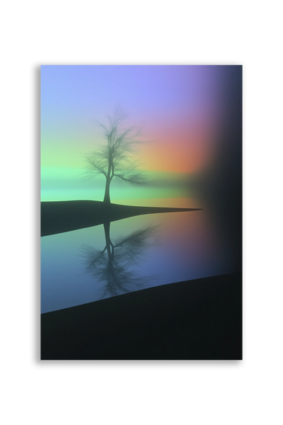 Akustikbillede med et enligt træ mod en pastelfarvet gradient