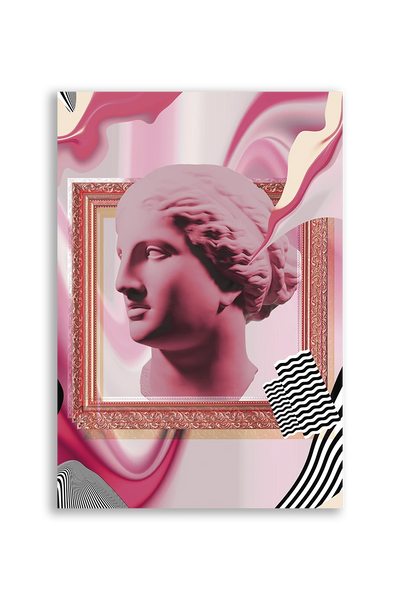 Akustikbillede med en gipsbuste i en pink collage