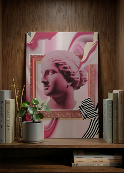 Akustikbillede med en gipsbuste i en pink collage, på en skænk i valnød med potteplante og bøger