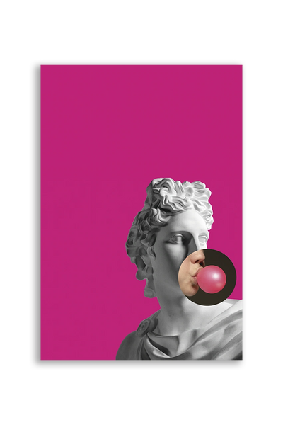 Akustikbillede med en gipsbuste med en tyggegummiboble på pink baggrund