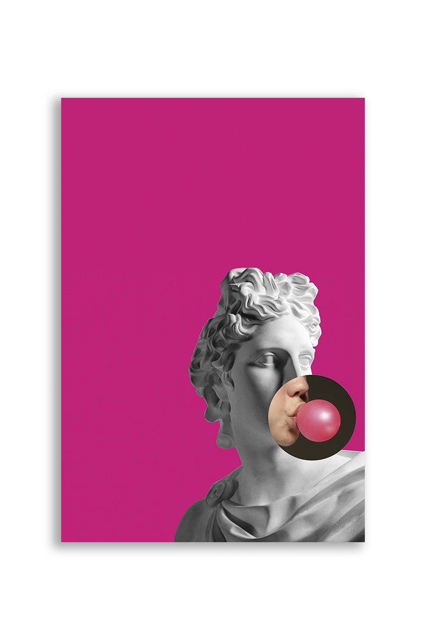Akustikbillede med en gipsbuste med en tyggegummiboble på pink baggrund