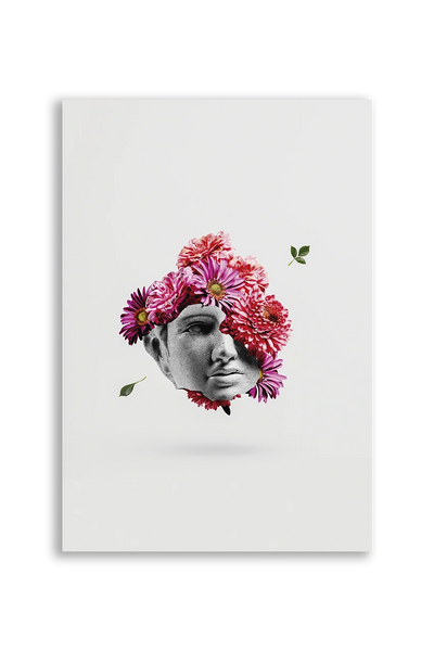 Akustikbillede med en gipsbuste der opløses i blomster