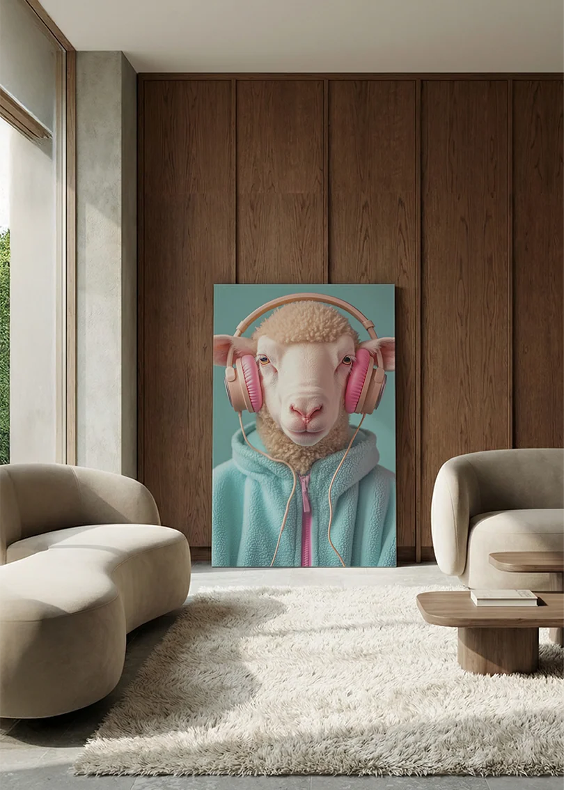 Akustikbillede med et får med hovedtelefoner i hættetrøje, i en lounge med bugtet sofa mod vægpanel i valnød