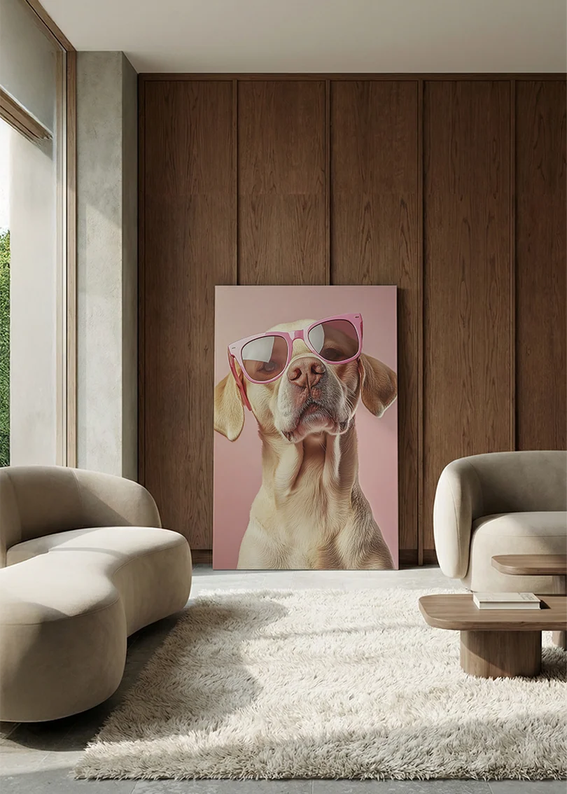 Akustikbillede med en hund med solbriller, i en lounge med bugtet sofa mod vægpanel i valnød