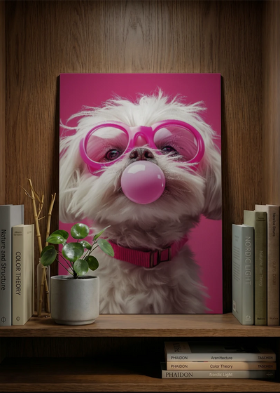 Akustikbillede med en hvid hund med tyggegummiboble og pink briller, på en skænk i valnød med potteplante og bøger