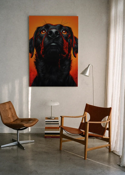 Akustikbillede med en sort hund på orange baggrund, ophængt over en lænestol ved gardinet med gulvlampe