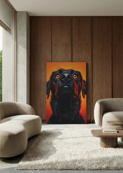 Akustikbillede med en sort hund på orange baggrund, i en lounge med bugtet sofa mod vægpanel i valnød