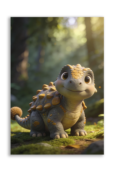 Akustikbillede med en sød tegnet ankylosaurus-unge med pansret ryg i skoven
