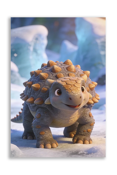 Akustikbillede med en tegnet ankylosaurus-unge i et snedækket islandskab