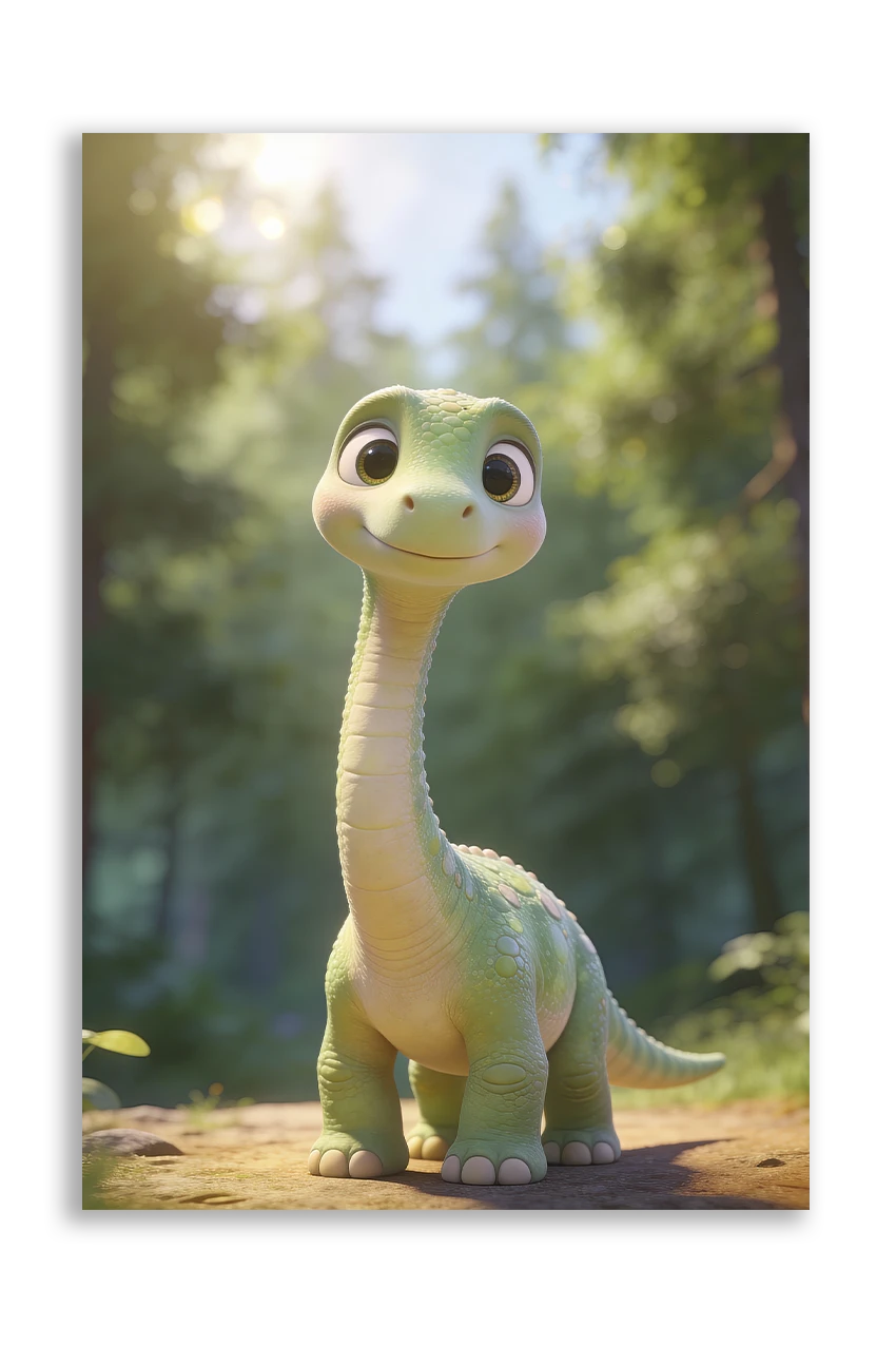 Akustikbillede med en tegnet brachiosaurus-unge i beige i en solbeskinnet skov