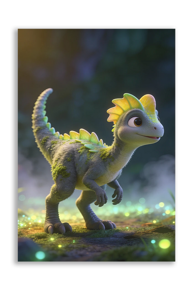 Akustikbillede med en tegnet dinosaurunge i grønt og gult i en tåget skov med lysprikker