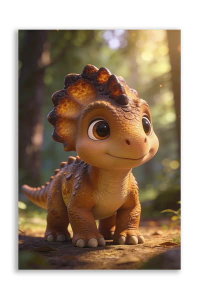 Akustikbillede med en sød tegnet dinosaurunge med horn i en varm skov