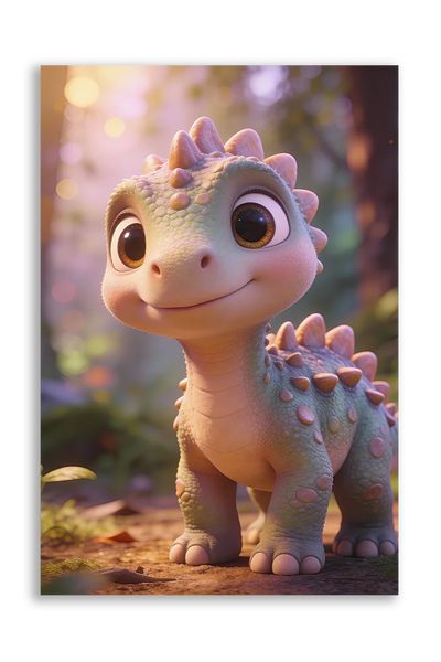 Akustikbillede med en tegnet dinosaurunge i lyserødt i en blomstrende skov