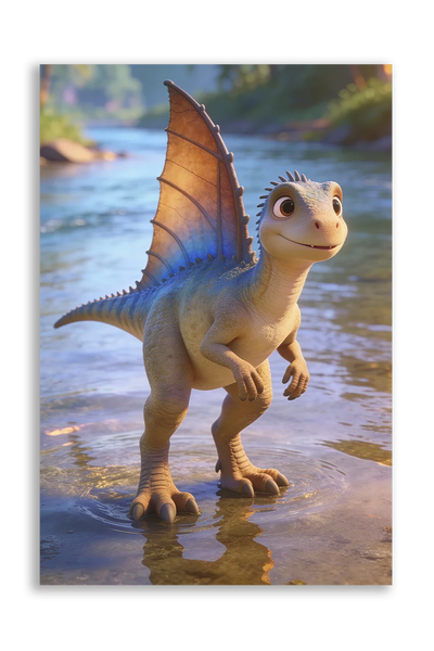Akustikbillede med en tegnet spinosaurus-unge med rygsejl ved vandet