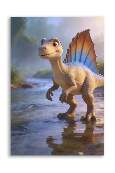 Akustikbillede med en tegnet spinosaurus-unge med rygsejl ved en flod