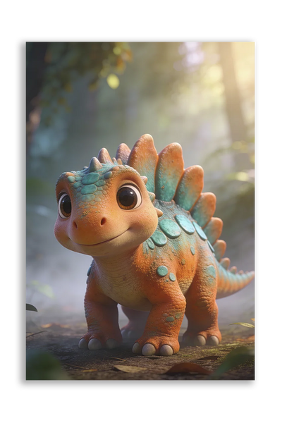 Akustikbillede med en tegnet stegosaurus-unge i orange og turkis i skoven