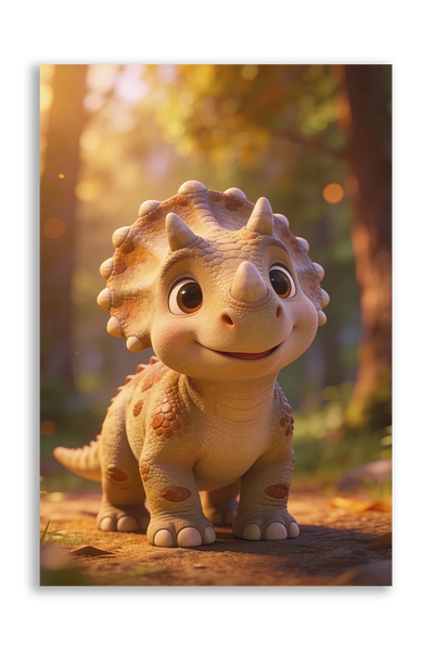Akustikbillede med en tegnet triceratops-unge i varmt aftenlys