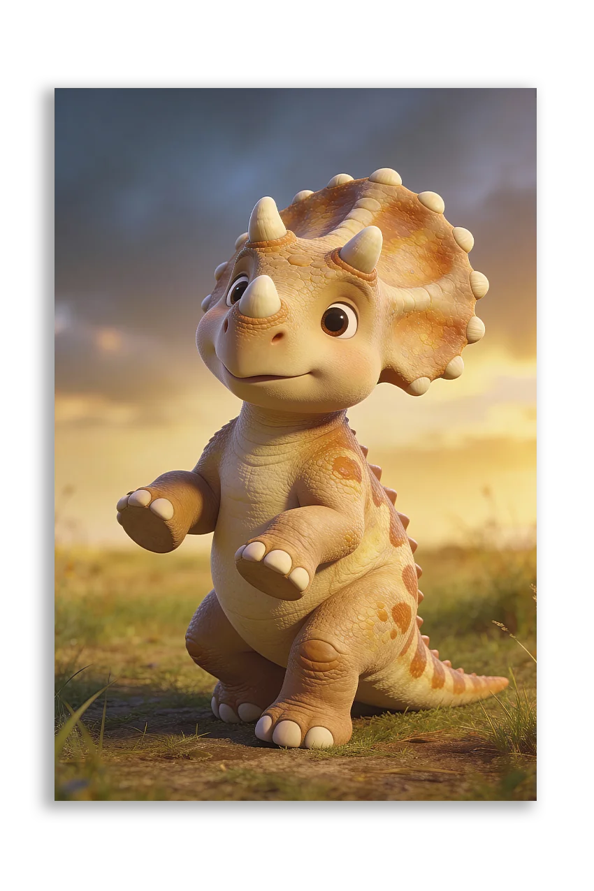 Akustikbillede med en tegnet triceratops-unge i gyldent solnedgangslys