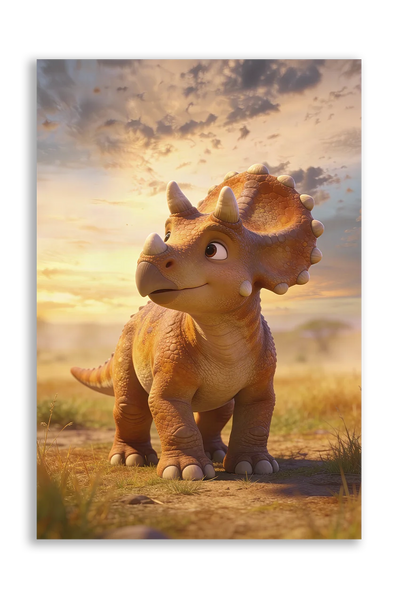 Akustikbillede med en tegnet triceratops-unge i brunt i et gyldent landskab