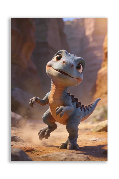 Akustikbillede med en tegnet velociraptor-unge i et klippelandskab